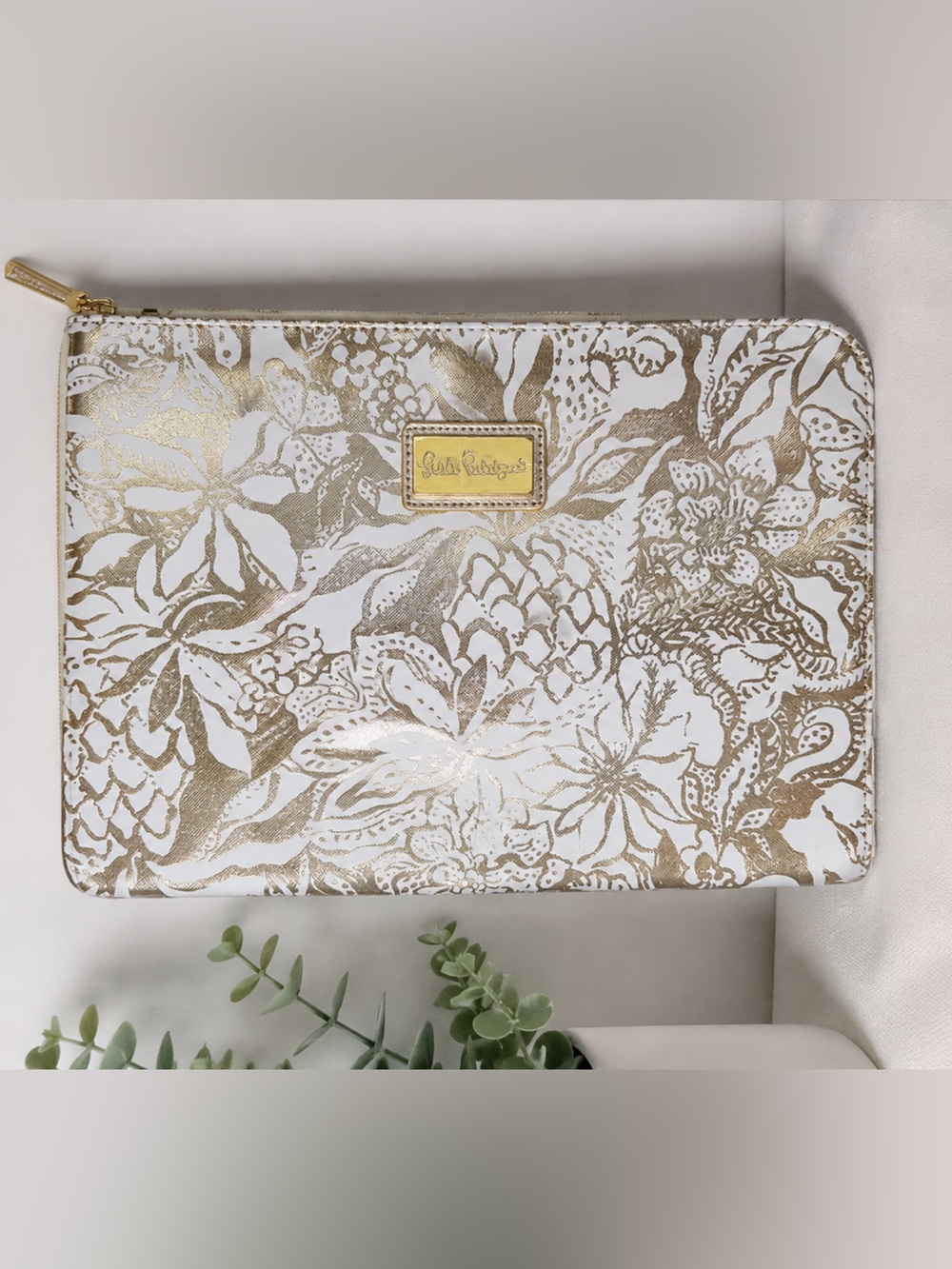 Lilly Pulitzer Gold Floral Zip Around Tablet iPad Folio Organizer + Pouch